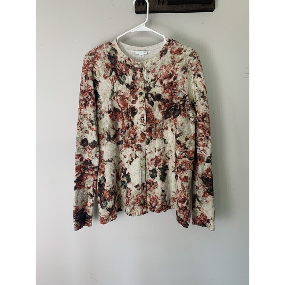 J.Jill Red Floral Cream Cardigan Sweater Womens Size M - Picture 1 of 6